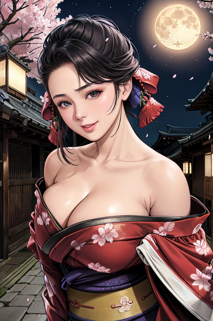 (Browsing Caution), (RAW Photos), (Realistic), (Photorealistic), Ultra-high resolution, masterpiece, Highest quality, Portraiture, facial Portraiture, Perfect lighting, Detailed lighting, Dramatic Shadows, Ray Tracing, Pure Eros Face_v1, Urzan-6500-v1.1, ((smile)), ((upper body:1.2)), ((random y pose)), looking at viewer, ((wearing a kimono)), ((off shoulders kimono:1.8)), ((in old Japanese street)), ((night)), ((full moon)), ((background with Cherry blossoms:1.2)), ((Japanese tattoo)),