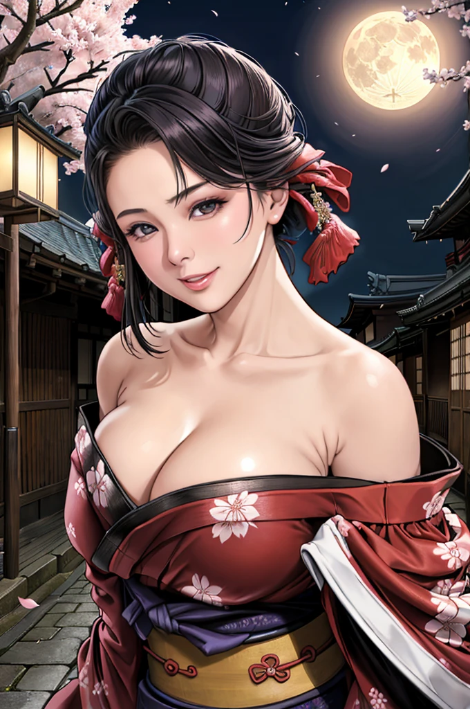 (Browsing Caution), (RAW Photos), (Realistic), (Photorealistic), Ultra-high resolution, masterpiece, Highest quality, Portraiture, facial Portraiture, Perfect lighting, Detailed lighting, Dramatic Shadows, Ray Tracing, Pure Eros Face_v1, Urzan-6500-v1.1, ((smile)), ((upper body:1.2)), ((random sexy pose)), looking at viewer, ((wearing a kimono)), ((off shoulders kimono:1.8)), ((in old Japanese street)), ((night)), ((full moon)), ((background with Cherry blossoms:1.2)), ((Japanese tattoo)),