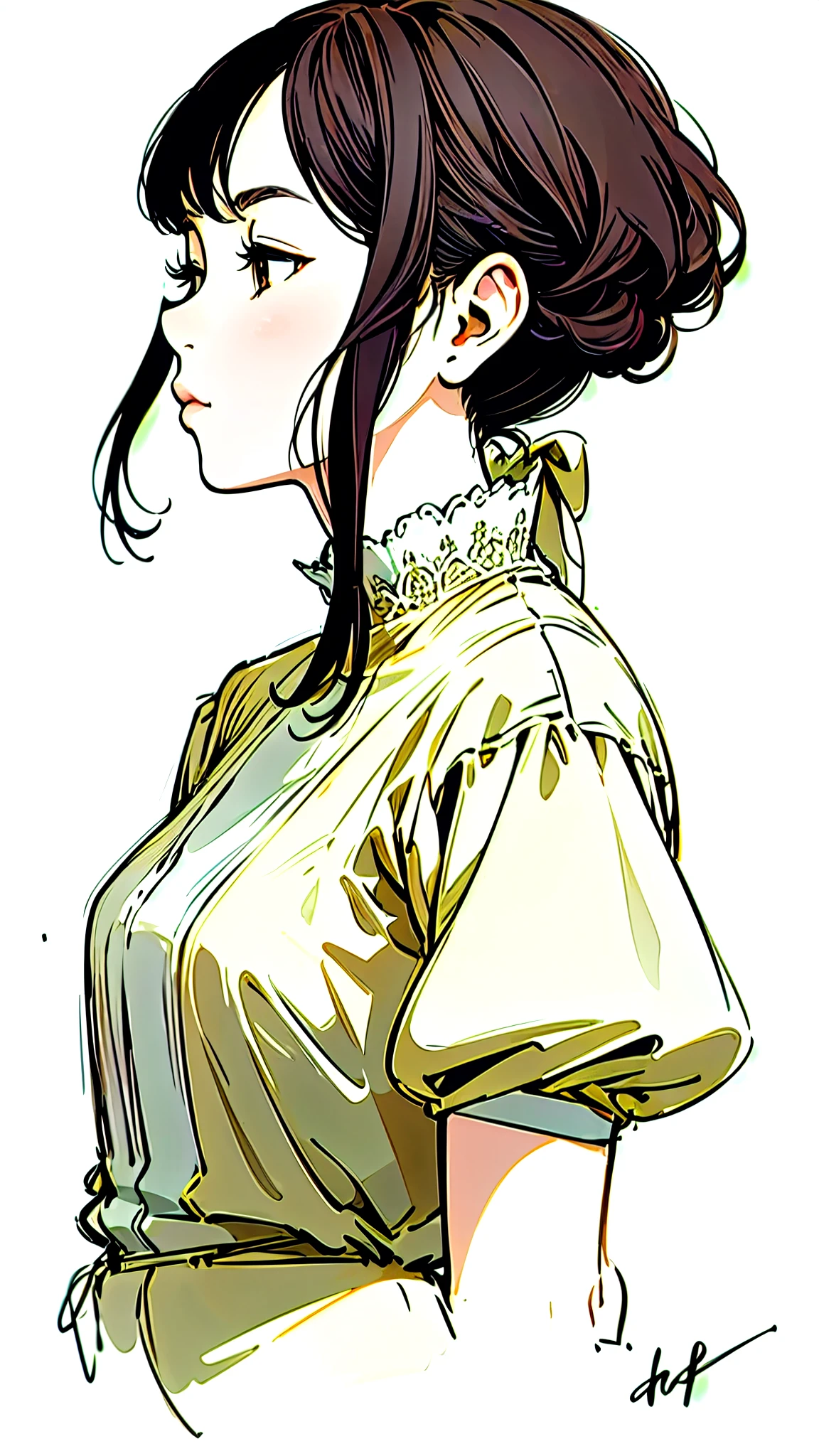 One beautiful woman、solo、Upper Body、profile、Calm colors、Moderate bust、sketch、Illustrated style、Delicate lines、high resolution、Masterpiece。