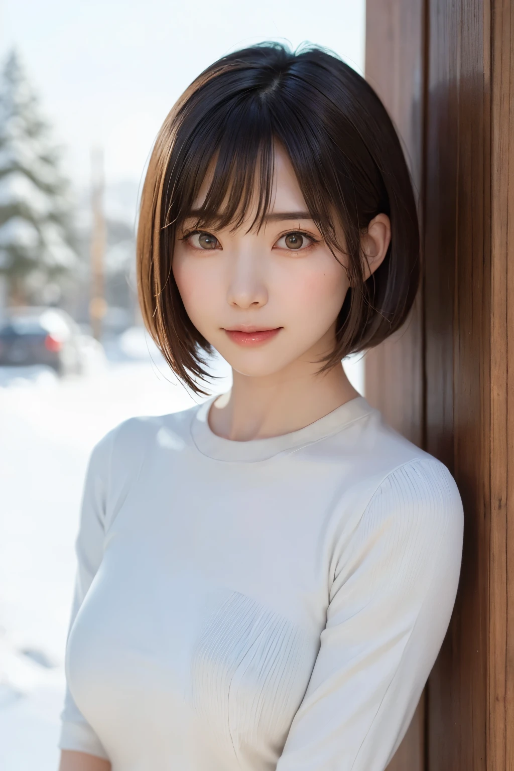(masterpiece, Highest quality),One Girl, alone, hyper Realistic, Realistic,Realistic, Looking at the audience, Light brown eyes:1.4,Brunette Short Bob Hair with highly detailed shiny hair, Brightly colored winter clothes, Lepangas:1.4), Plein Air, Mouth closed, Upper Body、big chest eye、eyelash、{Hugeな|big chest|Hugeなな|Mega} chest:2, chestの谷間:2、{Huge|big|Hugeな|Mega} chest:2, chestの谷間:2、(((big chest eye、Short Bob Hair、Glowing Skin、Shiny Hair、Student Highlights、Gazing at the audience、She is very beautiful and cute、Listen carefully、Long neck、smile、Close your mouth and smile、bangsと美しい歯、bangs、Perfect Anatomy)))、Ideal body type、(Snowy tree-lined road in winter in Norway, Out of focus background)、美しいLong neck:1.4、Very attractive, Beautiful and cute woman