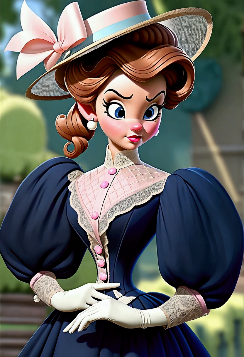 Year 1898. Humanized Minnie Mouse as a pretty, flirty 12yo girl. 1890s fashion. Victorian high-collar navy blue dress with (((long puff sleeves cuffed into wrist-high white silk gloves. )))Powder blue sash cinched around her waist. Navy blue ankle skirt. (((Pink straw boater hat with a stuffed white bird held on top and a veil in the front))). Long brunette hair (((tied into a bun enclosed in a net))). Wasp waist. (((Bubble butt sticking out))). Petticoats. Thigh-high silk stockings. High-waisted open bloomers. (((White high-heel button boots:1.2))). 10s fashion. Victorian park setting. Full body