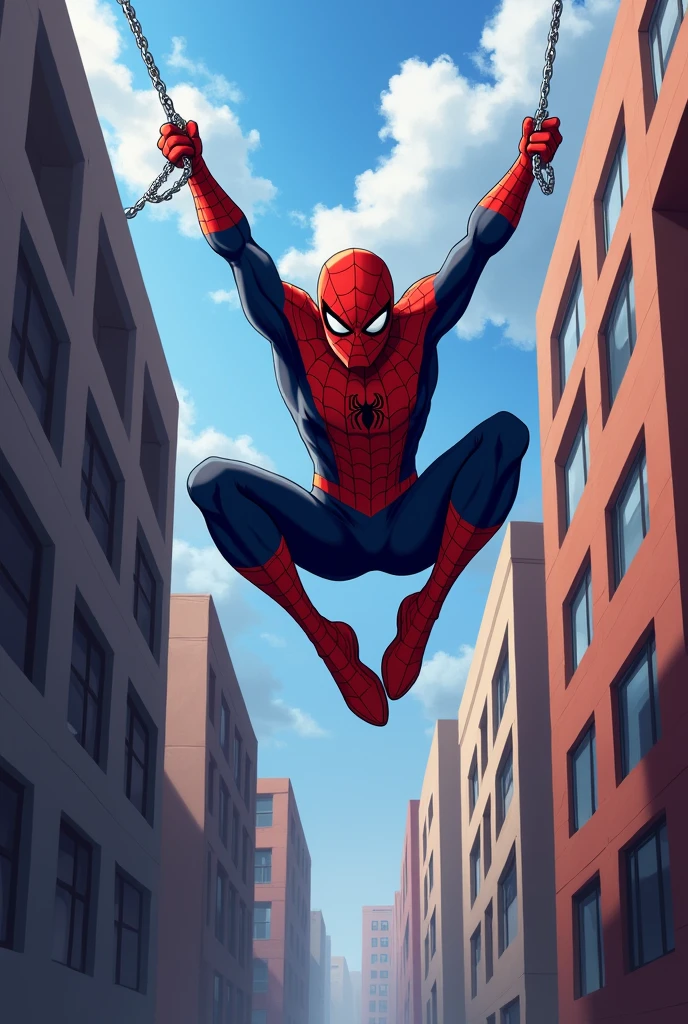 Anime spiderman swinging from a building