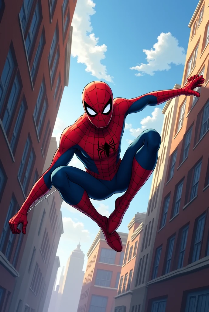 Anime spiderman swinging from a building