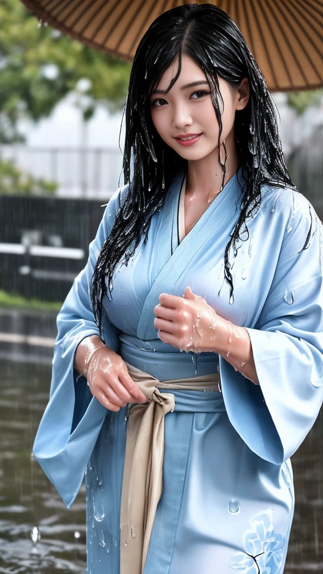 最high quality、high quality、Best image quality、8k、最High resolution、High resolution、最high quality、masterpiece、RAW Photos、whole body photos、Detailed and realistic human body、Detailed and realistic skin、Realistic face in every detail、Detailed and realistic eyes、Detailed and realistic lips、Detailed and realistic teeth、Detailed and realistic ears、Detailed and realistic hair、Realistic reproduction of every detail、((Beautiful Hands(thumb1、reference4))、Realistic feet down to the last detail、((Beautiful Japanese Girl))、(Japanese Model)、18 year old beautiful girl))、(Black Hair)、(Random Hairstyles)、((whole body))、((Slim and perfect figure))、(Flat chest、Small breasts)、(whole body glossy skin、Fair skin)、Mini Chinese Dresini Kimono、Mini Ninja Costumes、Japanese tradition、Japanese garden、Rain clouds spreading across the sky、Heavy rain weather、Pouring rain、A storm of wind and rain、((Colorful floral pattern(See-through kimono dress))、((Pouring rainの中でリラックス(Poses to make your thighs look beautiful))、((Soaked skin from head to toe))、((Kimono soaked in the rain(Rain dripping from the clothes))、((Her body lines are clearly visible through her wet kimono.))
