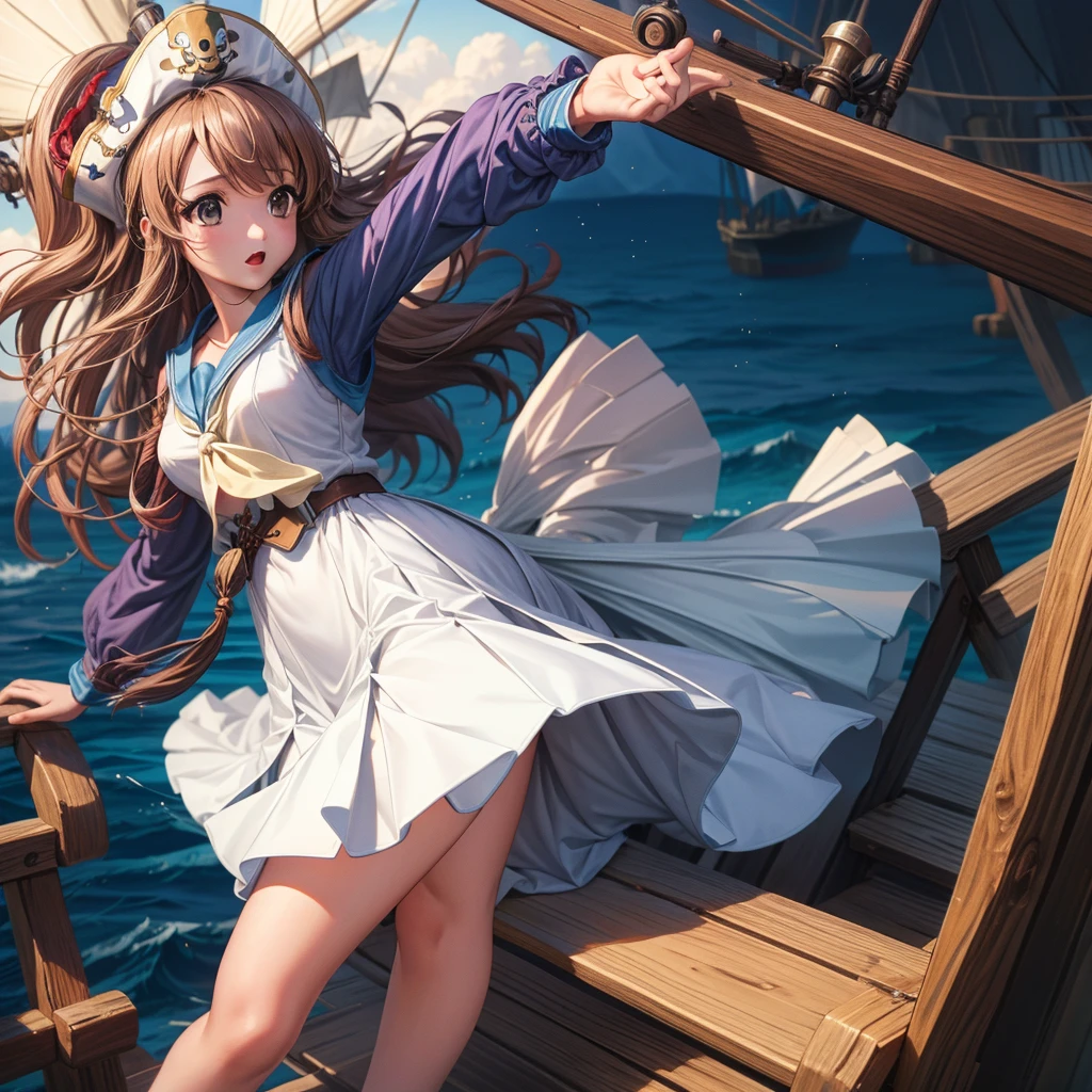 One Girl, pirate, Highest quality、Cinema Lighting、Sailor suit、Long skirt、Galleon Deck、White panties,