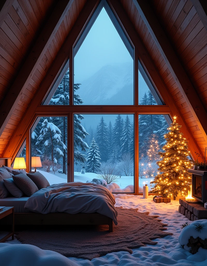 sky dark night .In night christmas. A bedroom in a wooden house made of glass triangular with a fireplace .overlooking the white snow in the mountain forest