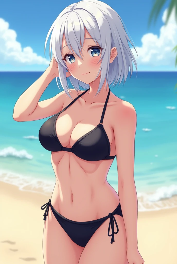 Anime photo,,wear black bikini,white skin,beutiful bitch girl,beach,white hair,nice body,pervert