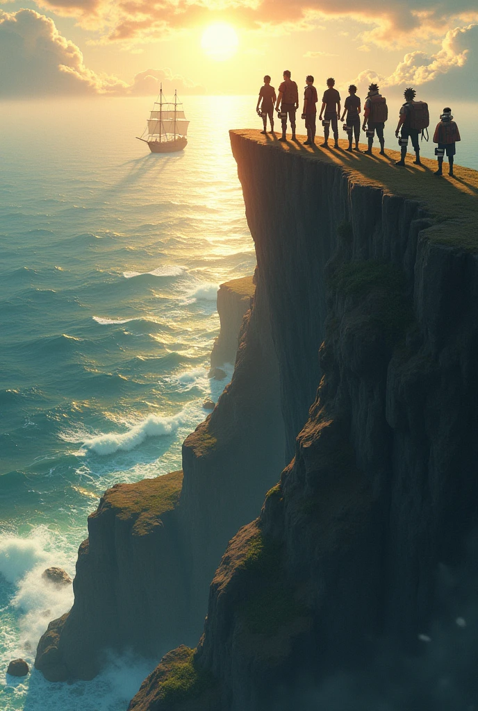 Create a photo in which Naruto all famous characters are 
standing randomly in a pose from back side at the top of the Cliff and beneath is the sea with pirates ship