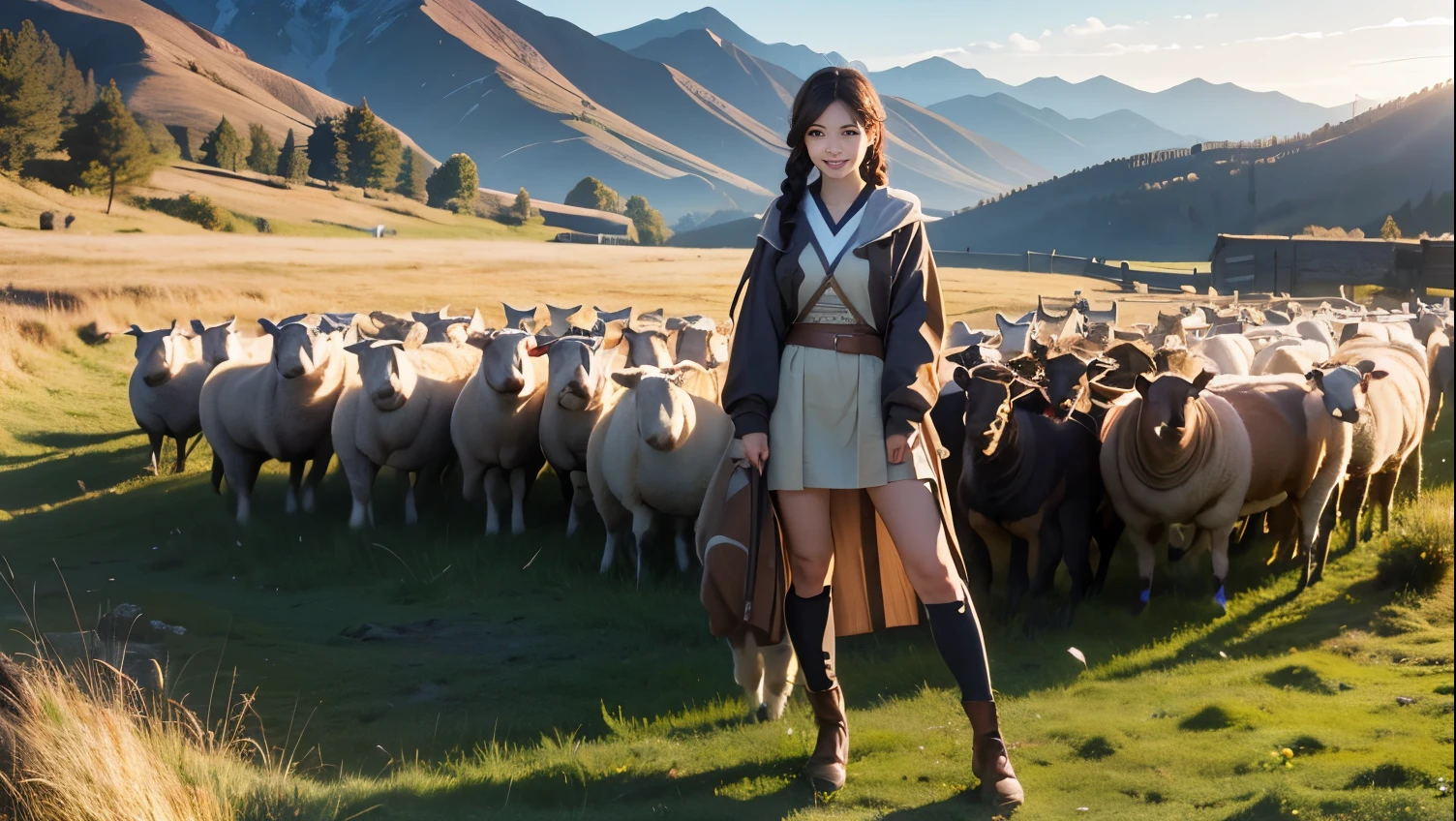 (8k, RAW photo, best quality, masterpiece), (photorealistic), outstanding details, ultra-high resolution, anatomically correct, textured skin, (Extremely precise and accurate anatomy),
Ultra Detailed Face, Detailed Eyes,
look at viewer,
One girl, (whole body:1.4), (full body:1.4), (shepherd girl) , Cute Japanese girl , 20-year-old,
(light smile), (Mouth slightly open) , holding a Shepherd's Crook,
Side braids, Brown Hair,
curvy, beautiful breasts,
(Hilly pasture), many sheep, Beautiful mountains in the distance, grassland, wilderness,
Background blur, far and near method,
morning sun, (backlighting),
reflection light from below,
atmospheric perspective, depth of field,
(dramatic lighting), cinematic lighting,
Artistic, Baroque, Cinematography, Portrait Photography,