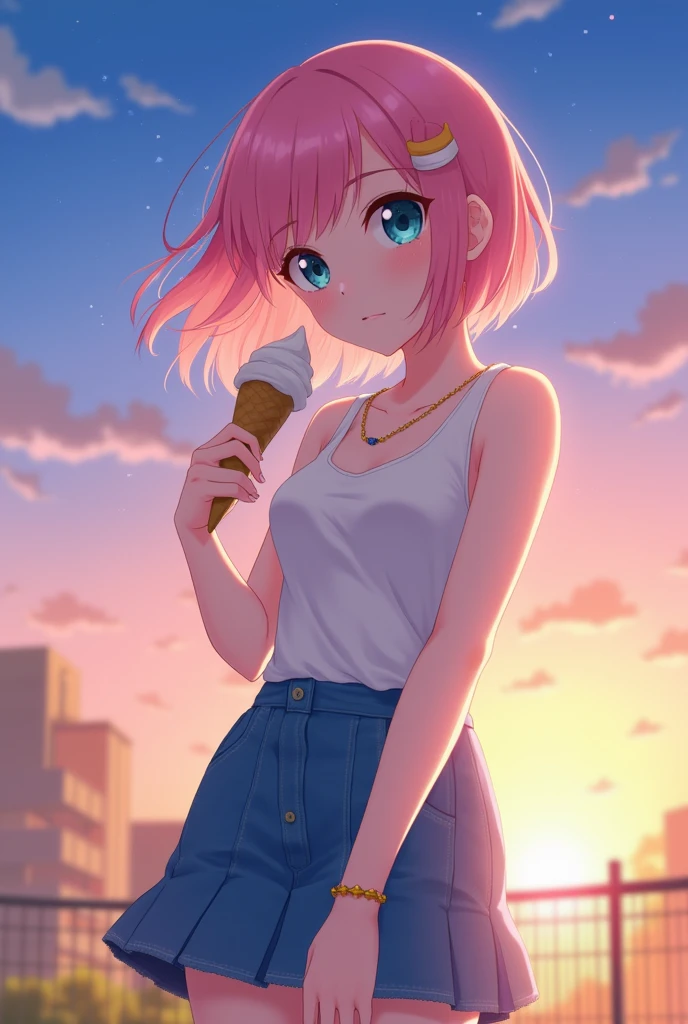 (1 girl), (Best Picture Quality, 8K, Masterpiece:1.3), (high school student:1.5), ((pink lob hair:1.1)), (bob cut), (swept bangs), (cute eyes, pupil black, iris skyblue, youthful face), (mole under right eye), (standard weight), (small breasts), (big hip), (glistening skin:1.1), (pale skin:1.2), BREAK (summer outfit:1.3), (white sleeveless top), (denim skirt), (sandals), BREAK (necklace:1.1), (bracelet), BREAK (outside in the evening), (sunset sky:1.2), (stars beginning to appear), (ice cream cone in hand:1.1), (soft breeze in hair)