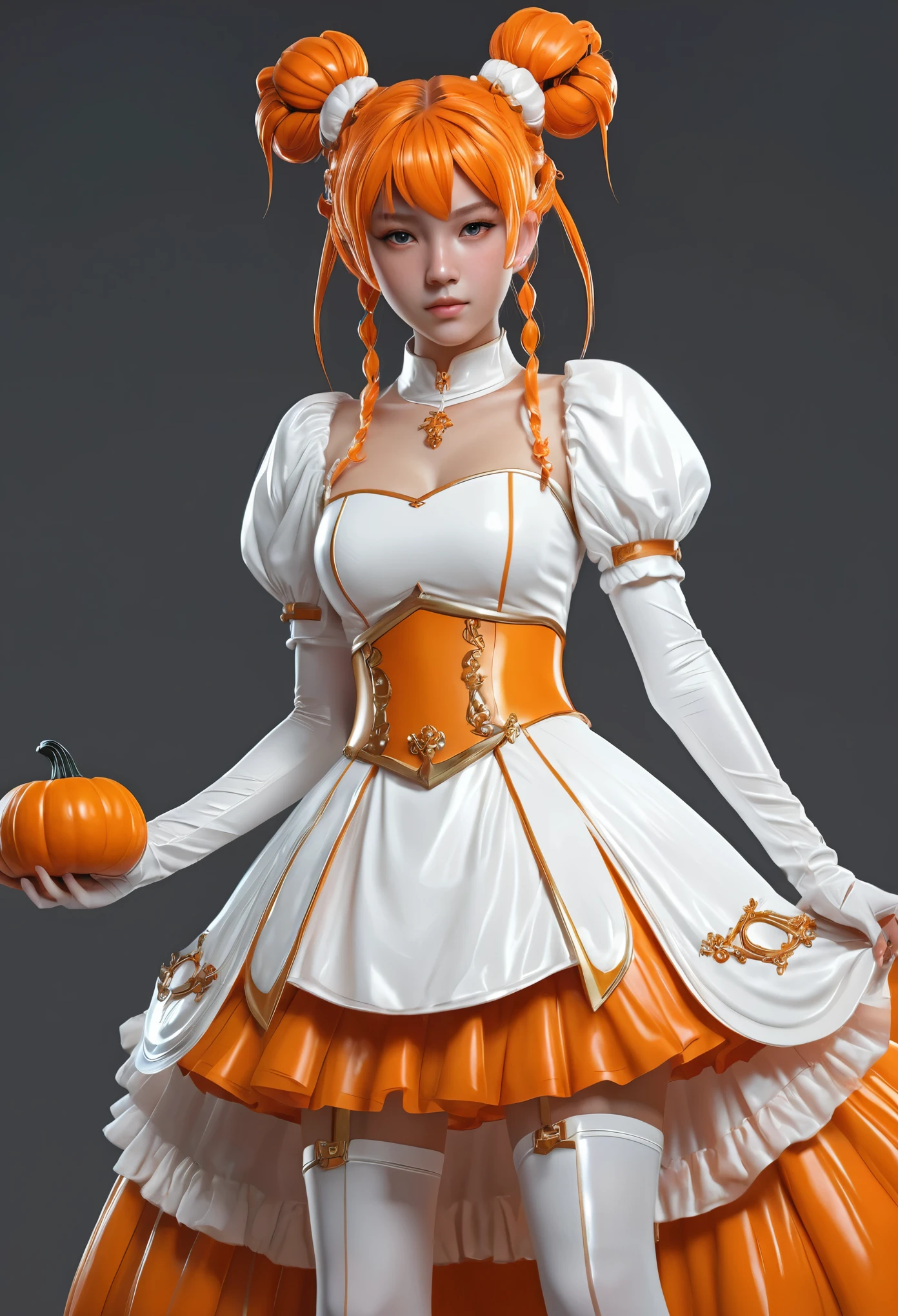 a slime girl with double bun slime hair, wearing a white princess dress with a weapon belt, pumpkin orange color scheme, detailed facial features, highly detailed, masterpiece, best quality, 8k, photorealistic, professional digital art