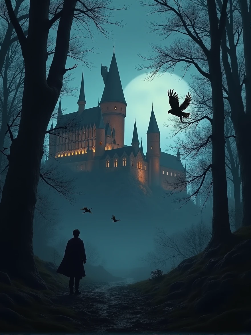 Distant hogwarts castle visible through woods, dark moody forest but , bright hogwarts castle, 8k , realistic, owls