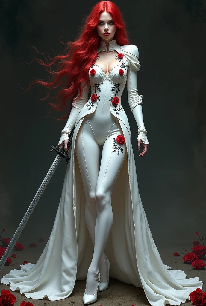 Arafed, action shot, Dark fantasy art, fantasy art, goth art, a picture of a female vampire, exquisite beauty, full body shot, dark glamour shot, pale white skin, red hair, long hair, wavy hair, dynamic eyes color eyes, glowing eyes, she wears a ((white: 1.3)) white tight suit, Armored Dress, she holds a sword in hand, (ready for battle: 1.4) , ((black: 1.5)) red roses are imprinted on the suit, high heels, dark castle, dark, black and color, Dark Art Painting Style, flower dress, dark novel, flower dress