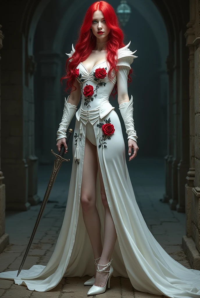 Arafed, action shot, Dark fantasy art, fantasy art, goth art, a picture of a female vampire, exquisite beauty, full body shot, dark glamour shot, pale white skin, red hair, long hair, wavy hair, dynamic eyes color eyes, glowing eyes, she wears a ((white: 1.3)) white tight suit, Armored Dress, she holds a sword in hand, (ready for battle: 1.4) , ((black: 1.5)) red roses are imprinted on the suit, high heels, dark castle, dark, black and color, Dark Art Painting Style, flower dress, dark novel, flower dress