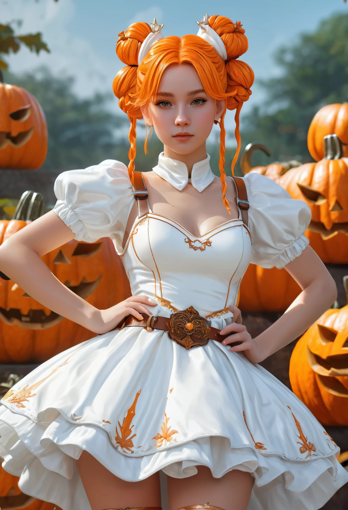 a slime girl with double bun slime hair, wearing a white princess dress with a weapon belt, pumpkin orange color scheme, detailed facial features, highly detailed, masterpiece, best quality, 8k, photorealistic, professional digital art