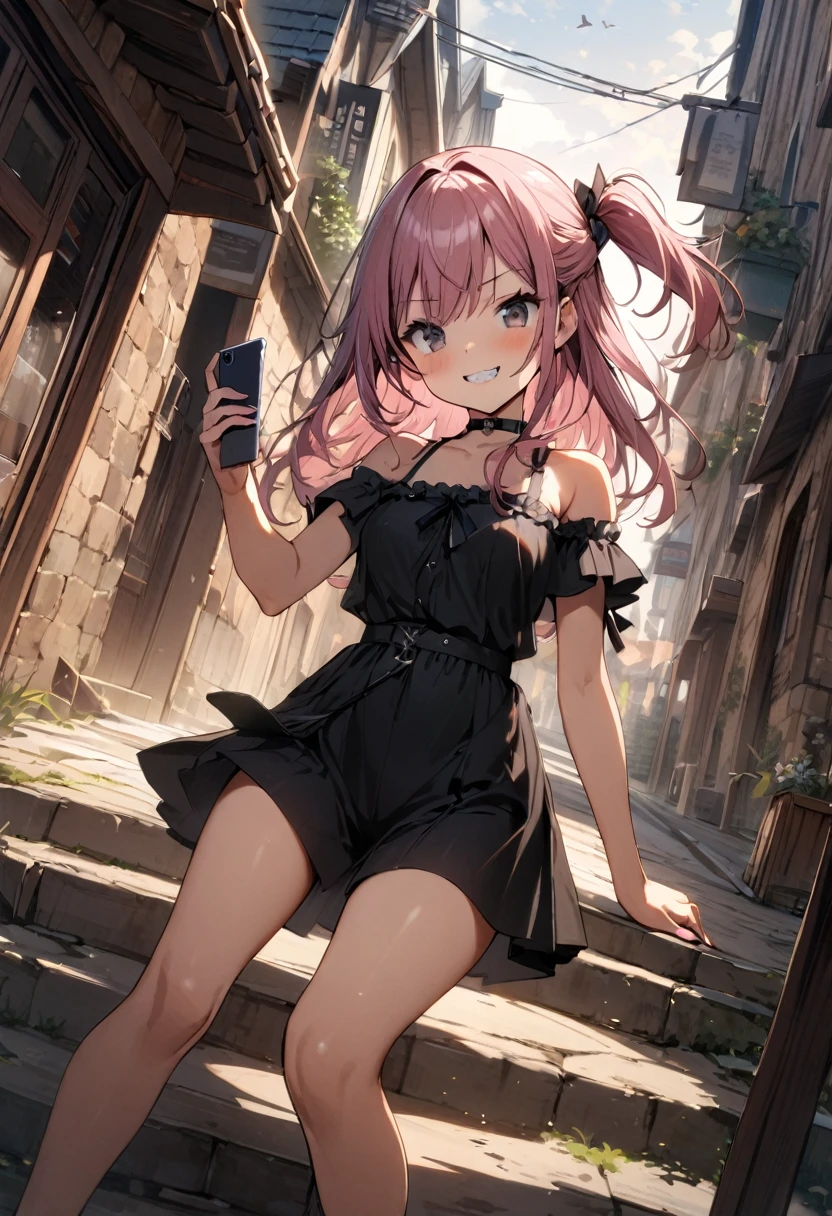 (8K、Top image quality、top-quality、​masterpiece)、A detailed face、1 girl in、A pink-haired、short hair、blunt bangs,、twintails、wavy hair、black eyes、piercings、smirk grin、Moderately breasts、Pink ruffled clothing、off shoulders、a black ribbon、Black pleated skirt、a miniskirt、White Socks、Leather shoes、Thick bottom、squatting、hands on own face、((pink panties))、Taken from below、Downtown background at night