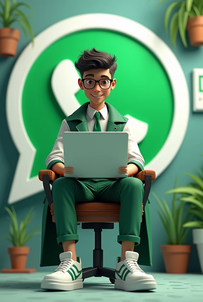 

Create a 3D illustration featuring a realistic 18 year-old beautiful young boy busy to writing a coding on a chair in front of a 3d logo of WhatsApp.' The character should have green and white pant coat tie ,with Sneakers shoes, with glasses,The background of the image should showcase a social media profile page and the username "Jasim Nawaz.B' and a matching profile picture and modify it