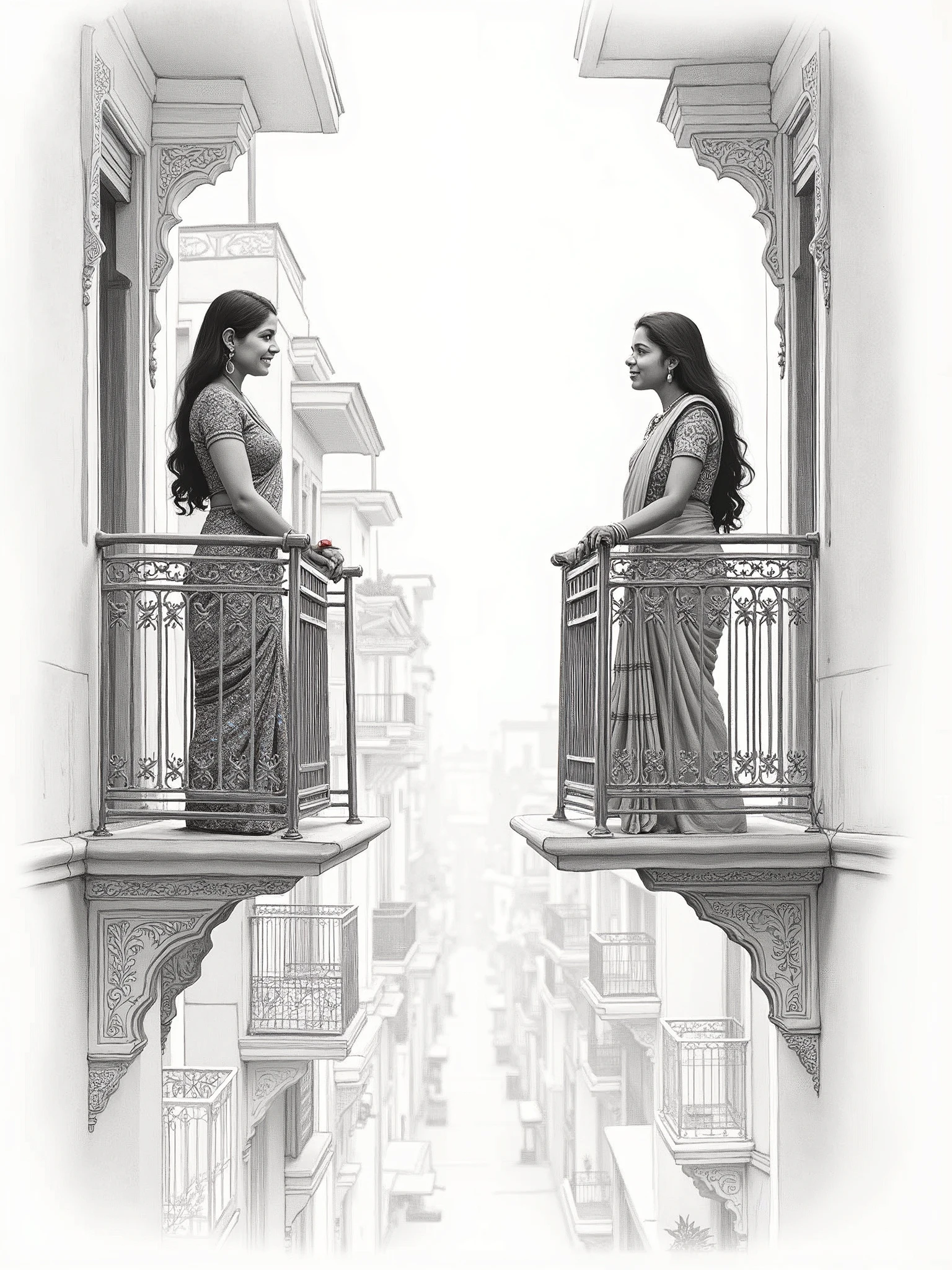 detailed pencil sketch of two Indian women standing in their balconies and talking to each other from across the street