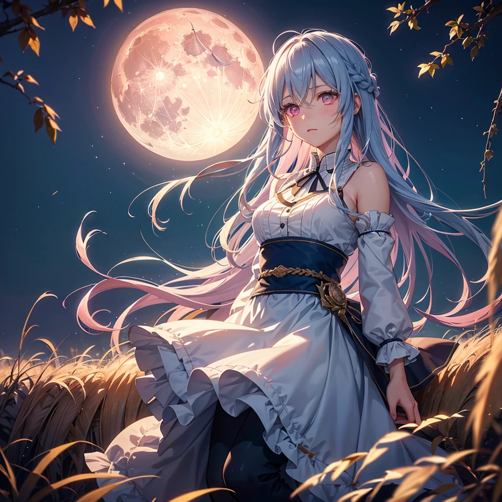 (Sky blue braided medium length hair), (Pink eyes),(Fair skin) ,(whole body),(One Girl),(harvest moon),(Miscanthus sinensis in the background),autumn,(full moon),(masterpiece, Highest quality, Very detailed, Best Shadow), (Detailed Background), (Beautifully detailed face), High Contrast, (Best lighting, Very delicate and beautiful), ((Cinematic Light)), Hyper Detail,8k, Dramatic Light,