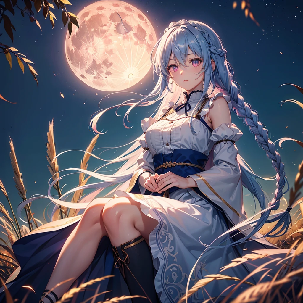 (Sky blue braided medium length hair), (Pink eyes),(Fair skin)  ,(whole body),(One Girl),(harvest moon),(Miscanthus sinensis in the background),autumn,(full moon),(masterpiece, Highest quality, Very detailed, Best Shadow), (Detailed Background), (Beautifully detailed face), High Contrast, (Best lighting, Very delicate and beautiful), ((Cinematic Light)), Hyper Detail,8k, Dramatic Light, 