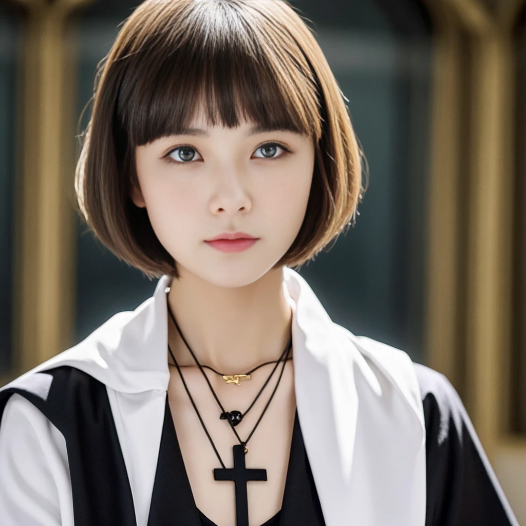 A 19-year-old girl with short white hair, bangs, and golden eyes. She wears a black cross necklace and is wearing a nun's robe. And has an emotionless and Has a beautiful face