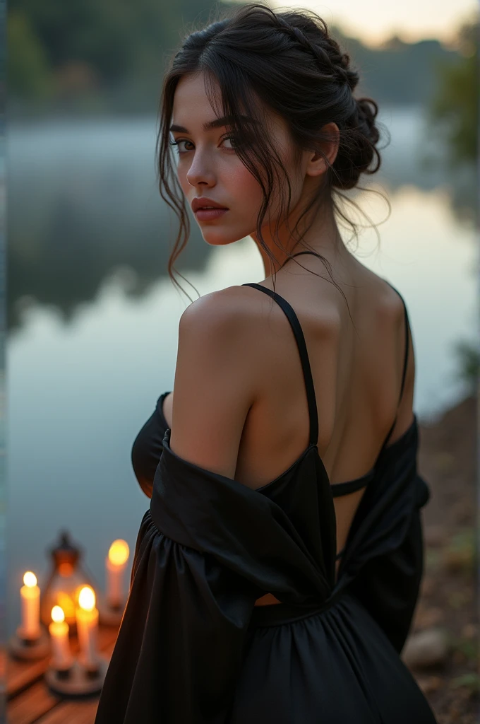 generated a 21 years old young white woman with dark brown hair is braided and then wrapped into a bun. This can add texture and detail to a classic bun hairstyle, medium size chest, Picture a serene lakeside scene with mist rising over the water at sunrise. Here, a model showcases a black silk robe and matching lingerie set, with the warm glow of vintage lamps casting a romantic ambiance., embodying a sense of tranquility and natural beauty against the peaceful backdrop of the lake and surrounding nature.