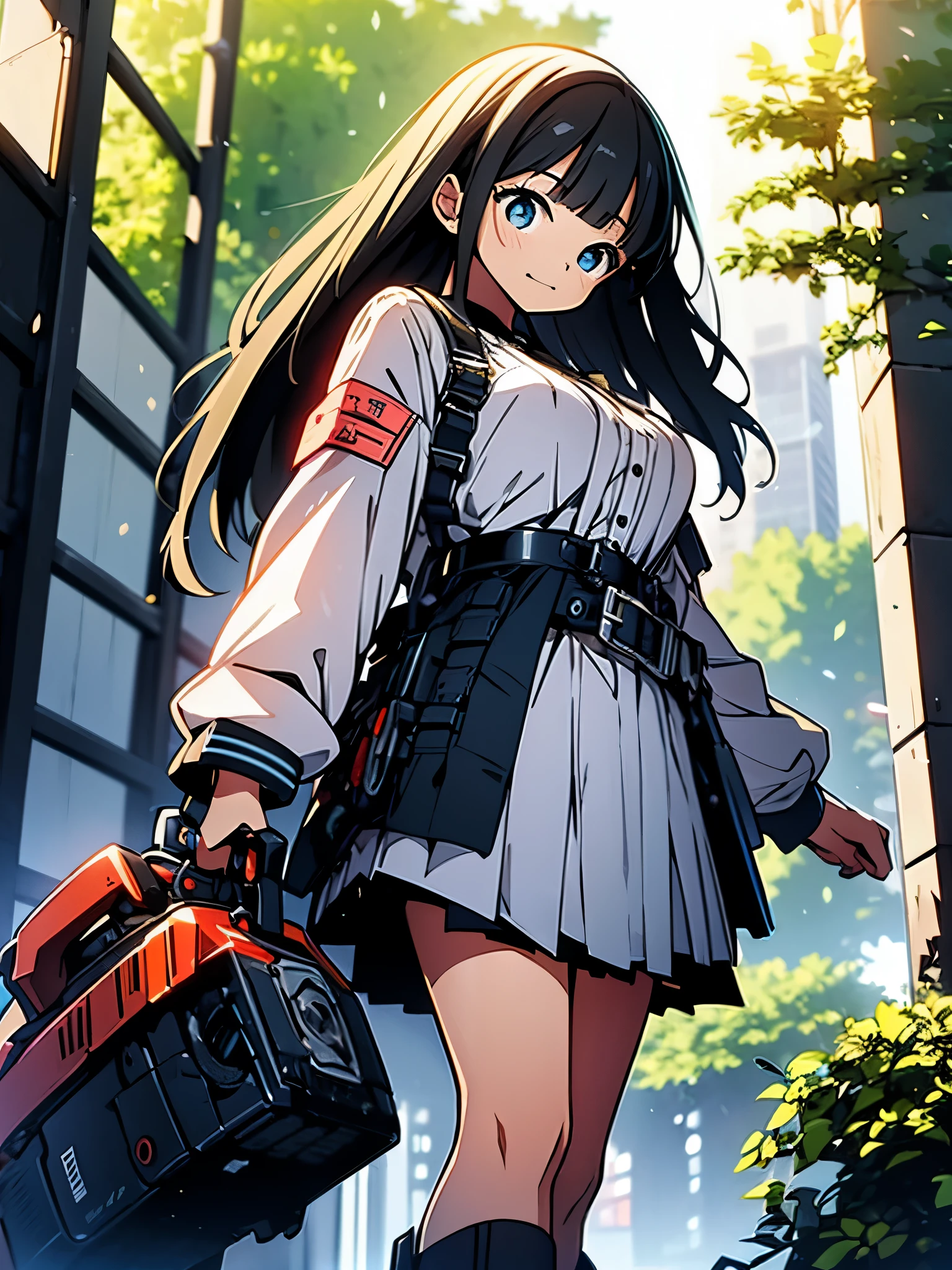 Elaborate photos、High resolution、Cyberpunk worldview、Sailor-clad chainsaw girl solo、Sailor school uniform（Sailor collar、Long sleeve、Red ribbon on chest、Belly button、Breast release、Short length clothing、Cleavage、Armlet）、Harness Beltの着用、Underboob、High heelsブーツ（tech boots、High heels、black、Mechanical Design、）、Micro Skirt（Low rise、V-Line、Absolute area、Harness Belt）、{{{Armed、Has a huge chainsaw（High Tech Design、Huge Machine、Rotating blade）}}}、Battle anime characters、18-year-old、Medium-Long Hair Styles（Black Hair、Blunt bangs）、 Tree Eyes（black瞳、Sparkling Eyes、Looking Down）、Standing in the wilderness at dusk、