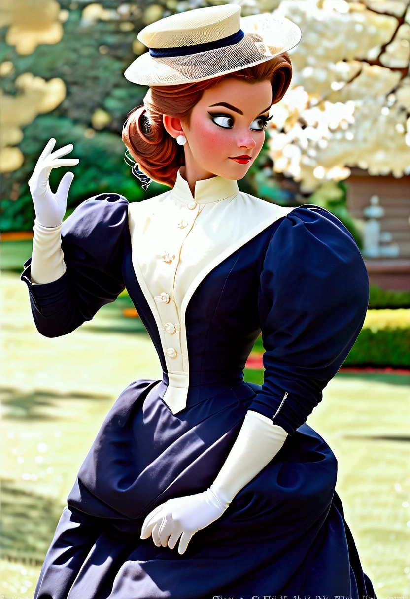 Year 1898. Humanized Minnie Mouse as a pretty, flirty **** girl. 1890s fashion. Victorian high-collar navy blue dress with (((long puff sleeves cuffed into wrist-high white silk gloves. )))Powder blue sash cinched around her waist. Navy blue ankle skirt. (((Pink straw boater hat with a stuffed white bird held on top and a veil in the front))). Long brunette hair (((tied into a bun enclosed in a net))). Wasp waist. (((Bubble butt sticking out))). Petticoats. Thigh-high silk stockings. High-waisted open bloomers. (((White high-heel button boots:1.2))). 10s fashion. Victorian park setting. Full body 