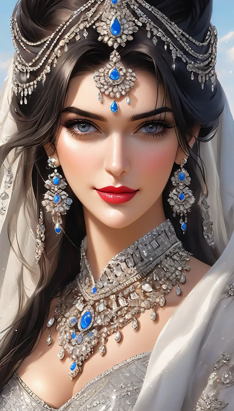 , inspired by Emma Andijewska, draped in crystals, silver color, long earrings, sandra chevier, huge earrings, blue-eyed, platinum jewellery, earring, flawless structure, silver earring,  , a woman, Kriti Sanon, outdoors, realistic skin texture, smiling,   post-processing, Maximum texture, masterpiece, ultra-detailed, photorealistic, realistic, real picture, hyperrealism, Sharp focus, insane details, intricate details,  full sharp, detailed face, realistic eyes,simple white stucco background  ,big hoop  earrings, makeup,white skin,sharp jawline ,big earrings, oversized earrings,big breasts,full body view , necklace, eyeliner, eyeshadow, foundation, jewelry,bangles, anklet,silky black blunt hair ,face makeup, eyeliner,red lipstick ,saree ,big breasts ,full body view