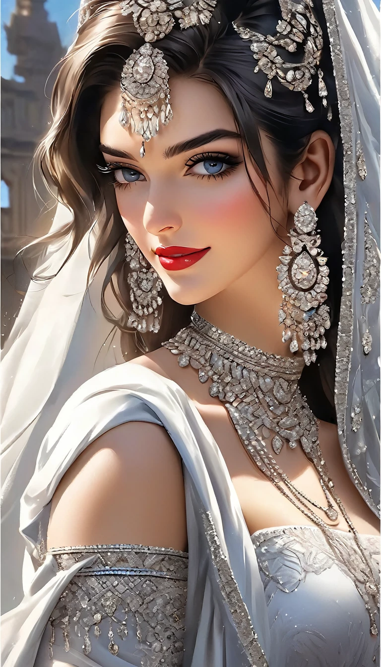 , inspired by Emma Andijewska, draped in crystals, silver color, long earrings, sandra chevier, huge earrings, blue-eyed, platinum jewellery, earring, flawless structure, silver earring,  , a woman, Kriti Sanon, outdoors, realistic skin texture, smiling,   post-processing, Maximum texture, masterpiece, ultra-detailed, photorealistic, realistic, real picture, hyperrealism, Sharp focus, insane details, intricate details,  full sharp, detailed face, realistic eyes,simple white stucco background  ,big hoop  earrings, makeup,white skin,sharp jawline ,big earrings, oversized earrings,big breasts,full body view , necklace, eyeliner, eyeshadow, foundation, jewelry,bangles, anklet,silky black blunt hair ,face makeup, eyeliner,red lipstick ,saree ,big breasts ,full body view