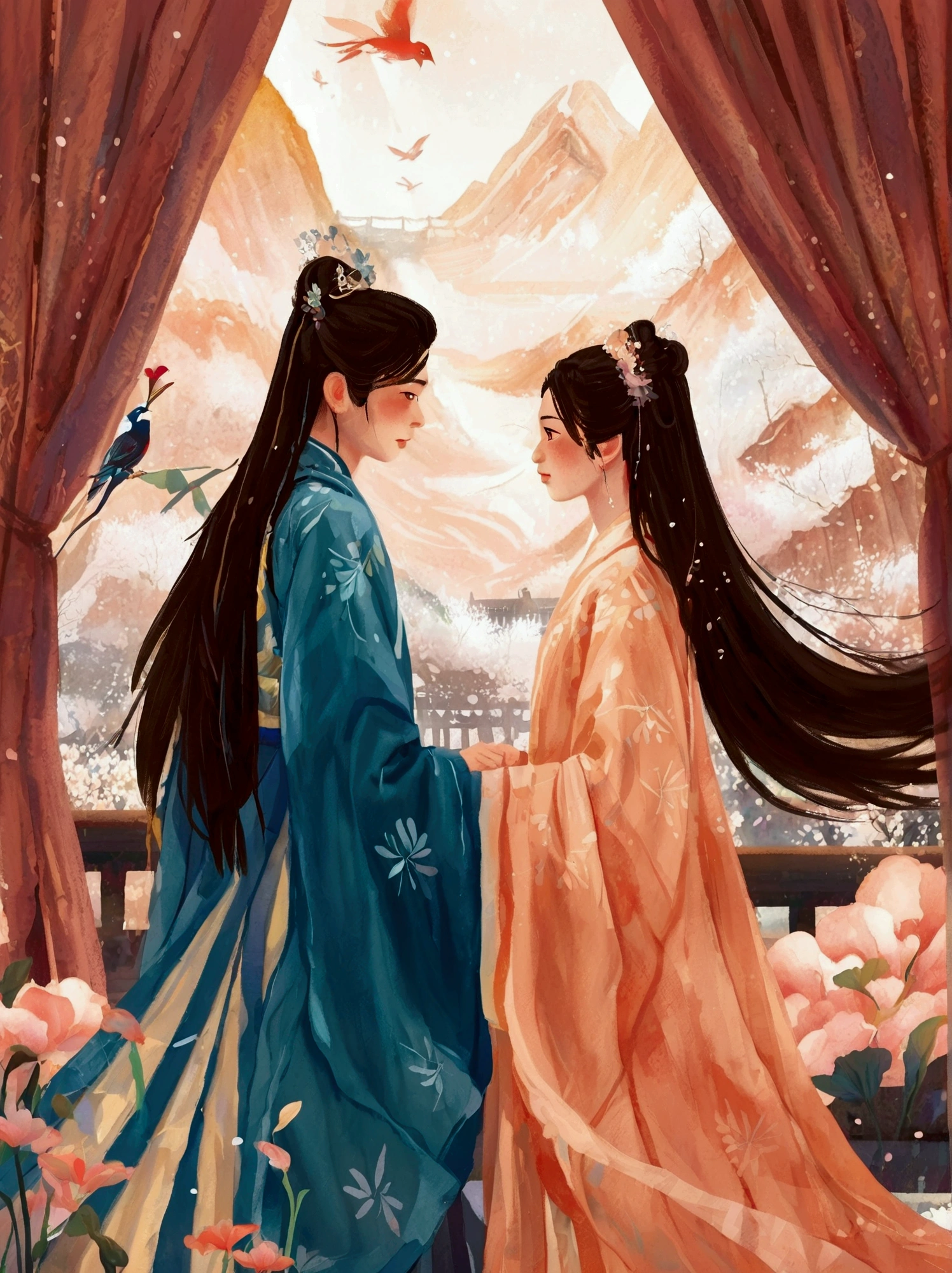 Surreal space,abstract,Qixi Festival,Ancient Chinese Mythology,by Amigurumi,New three-dimensional ancient style,A boy and a girl in Hanfu standing on a magpie bridge made of soft pink clouds。These clouds are fluffy and soft,As if just plucked from the sky,Each flower has a delicate texture and slight elasticity.。The edge of the magpie bridge is still hung with strings of glittering pearl-like dewdrops.,About to drip。The starry sky around,Stars are not the usual sharp points of light,But each one is round and full、A ball of light woven from soft threads of light,Exudes a soft and warm glow,Like freshly baked marshmallows。The clothes worn by the Cowherd and the Weaver Girl are made of silk that is as light as mist.,When the wind blows,The folds of silk flow naturally like water ripples,The edges of the clothing are inlaid with fluffy white down.,Adds a bit of warmth and romance。Their hair is not a rigid line.,But a strand of silky soft、Slightly curly filaments,As if I could feel the gentle breeze。