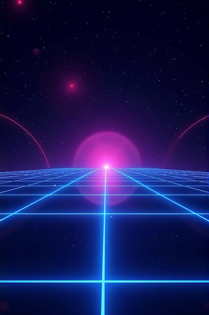 Synthwave background dark purple retro futuristic backdrop with blue perspective grid and sky full of stars