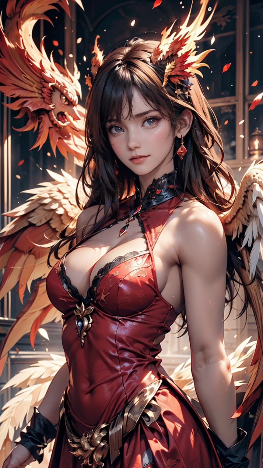 1 heroine, one beautiful princess, In the Dark: 1.6), Surreal Female Portraits by David Hockney and Alphonse Mucha, Fantasy art, Korean Doll, Photorealism, Dynamic Lighting, Art Station, Poster, Volumetric lighting, Highly detailed face, 8K Ultra, whole body, Awards, In the Dark, Deep Shadow, Modest, Cowboy Lens, (Red Phoenix Dress: 1.4), Long Hair, Black Hair, bust, Luxury palace, Royal Style, Princess Crown, Big round black eyes, Style Royal, The most beautiful face, Large and normal breasts, Ultra-realistic,