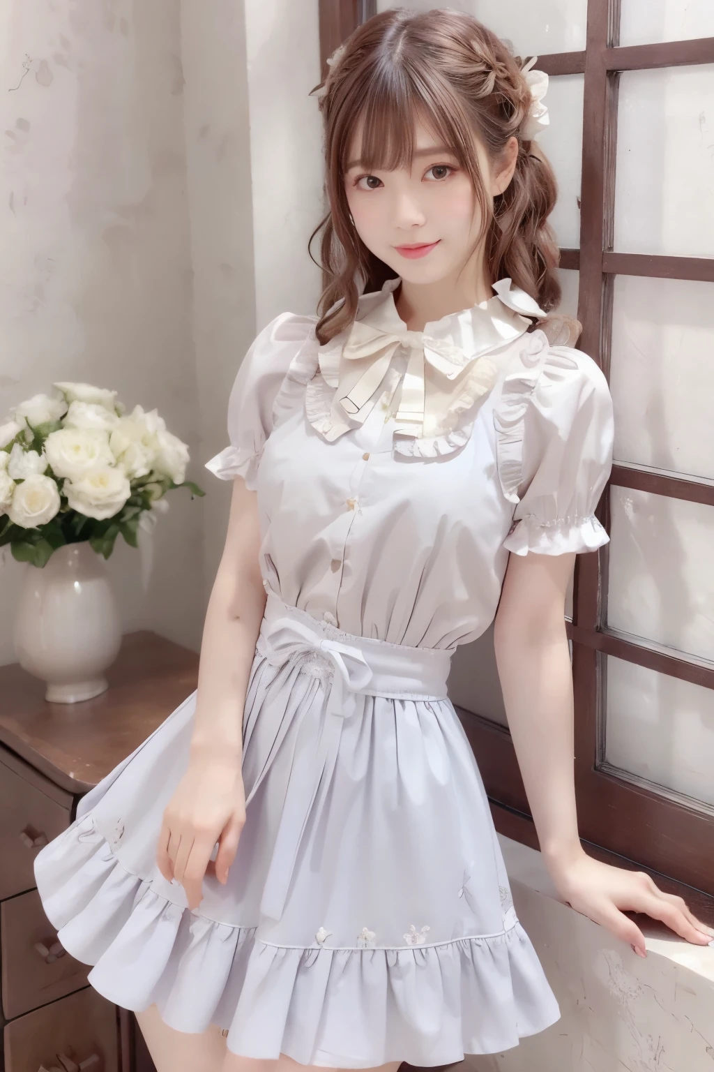 (indoor), (Window), (masterpiece), (最high quality), (Very detailedな), (Best Shadow), (photoRealistic:1.4), Frilled blouse, skirt, white ankle socks, high quality, masterpiece, Very detailedな, High resolution, 4K, 超High resolution, Detailed Shadows, Ultra-realistic, Dramatic lighting, One Girl, alone, Detailed face, Realistic eyes, Realistic Skin, Dynamic Hair, Dynamic pose, Dynamic Angle, White floral dress, White Background, Urzan-6500-v1.1, (RAW Photos:1.2), ( Realistic:1.4), Beautiful detailed girl, Very detailed eyes and face, Beautiful attention to detail, Ridiculous, incredibly Ridiculous, Large file size, Very detailedな, High resolution, Very detailed, 最high quality, (Bright interior), (Soft Light), (Low contrast), (Shallow depth of field), (portrait of a beautiful woman illuminated by gentle light), (Very delicate and elegant depiction), (Short bangs), (Hair color is dark chestnut with a slight brown tinge), (Hair with subtle and gentle waves), (Decorated with thin ribbons), ( White blouse with small frills), (bow tie), (青いロングskirt), (White short ankle socks), shape, Very detailed, CG, Unified, 8k wallpaper, wonderful, Finer details, 最high quality, Very detailed CG Unified 8k wallpaper, Face Light, Cinema Lighting,