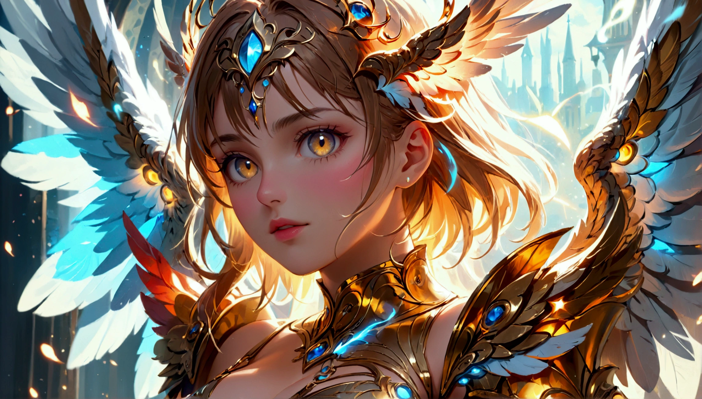 Official Art, (Masterpiece: 1.3), (8k, Best Quality: 1.4), The content is very detailed, Golden Ratio, (Energetic: 1.3),(Big breasts), ultra detailed breasts, extremely shaped breasts, cute woman, feathered wings, beautiful armor, drama, (magic), very detailed face, beautiful detailed eyes, beautiful detailed lips, ultra detailed big breasts, extremely shaped breasts, description of extreme details, vivid and intense colors, vibrant colors, bright magical aura, ethereal lighting,