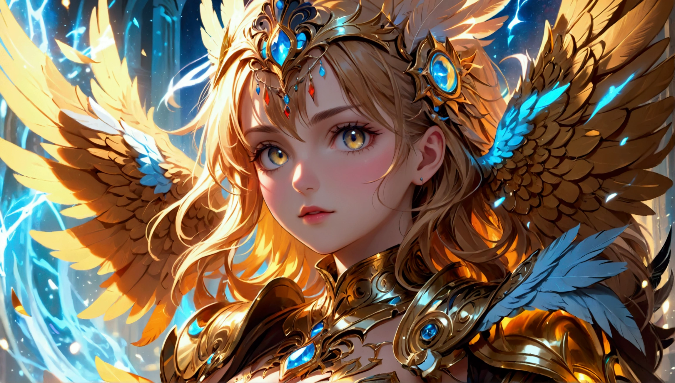 Official Art, (Masterpiece: 1.3), (8k, Best Quality: 1.4), The content is very detailed, Golden Ratio, (Energetic: 1.3),(Big breasts), ultra detailed breasts, extremely shaped breasts, cute woman, feathered wings, beautiful armor, drama, (magic), very detailed face, beautiful detailed eyes, beautiful detailed lips, ultra detailed big breasts, extremely shaped breasts, description of extreme details, vivid and intense colors, vibrant colors, bright magical aura, ethereal lighting,