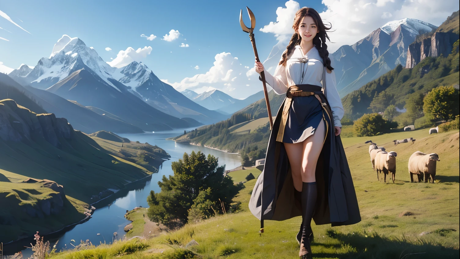 (8k, RAW photo, best quality, masterpiece), (photorealistic), outstanding details, ultra-high resolution, anatomically correct, textured skin, (Extremely precise and accurate anatomy),
Ultra Detailed Face, Detailed Eyes,
look at viewer,
One girl, (whole body:1.4), (full body:1.4), (shepherd girl) , Cute Japanese girl , 20-year-old,
(light smile), (Mouth slightly open) , holding a Shepherd's Crook,
Side braids, Brown Hair,
curvy, beautiful breasts,
(Hilly pasture), many sheep, Beautiful mountains in the distance, grassland, wilderness,
Background blur, far and near method,
morning sun, (backlighting),
reflection light from below,
atmospheric perspective, depth of field,
(dramatic lighting), cinematic lighting,
Artistic, Baroque, Cinematography, Portrait Photography,