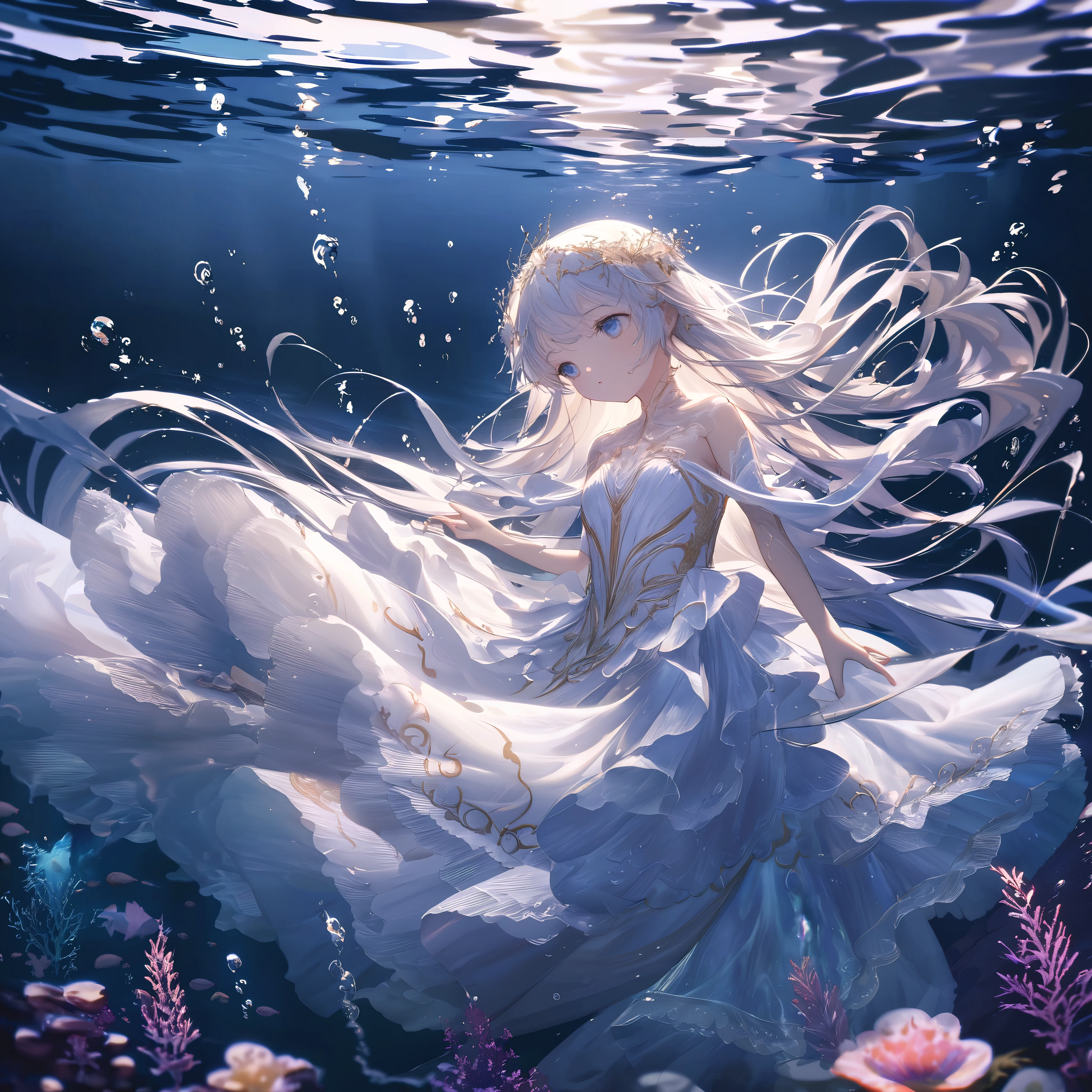 (full body), (solo), (A 7--old l:1.2), (very yo, (Solo), (small breast), (wide angle), raw photo, Aesthetic, Convoluted, Awarded, chiaroscuro, Best Quality, Detailed background, (underwater atmosphere:1.2), (underwater photo, floating drowning:1.1), ((Girl in very long white dress:1.2)), detailxl, As the petite girl descends into thepths of a serene, crystal-clear body of water, her grand white silk dress undergoes a transformation, becoming a part of the aquatic ballet that unfolds beneath the surface.

The silk, once light and airy, now takes on the weight of the water, its fibers absorbing the liquid, becoming heavier and more substantial. The dress clings to her body, revealing the contours of her form in a way that is both graceful and ethereal. The fabric, saturated and flowing, takes on the appearance of a second skin, a delicate shell that encapsulates her petite frame.

The lace that once danced in the breeze above now undulates with the currents of the water, its intricate patterns becoming a part of the underwater tapestry. The lacework, now submerged, seems to take on a life of its own, its delicate threads swaying and twisting with the gentle pull of the water, creating a mesmerizing dance of shadows and light.

The embroidery on the bodice, once a garden of flowers on solid ground, now appears as if it is blooming underwater. The threads, now wet, seem to glisten with a new vibrancy, the colors deepening and becoming more intense as they reflect the refracted light of the watery realm.

The ruffles and flounces of the gown, once a cascade of airy elegance, now ripple and sway with the motion of the water, creating a flowing effect that is both hypnotic and serene. The layers of tulle and silk, now heavy with water, move with a slow, deliberate grace, as if the dress itself were a part of the aquatic ecosystem.

The train of the dress, once a symbol of grandeur and poise, now trails behind her like a mermaid's tail, a sil