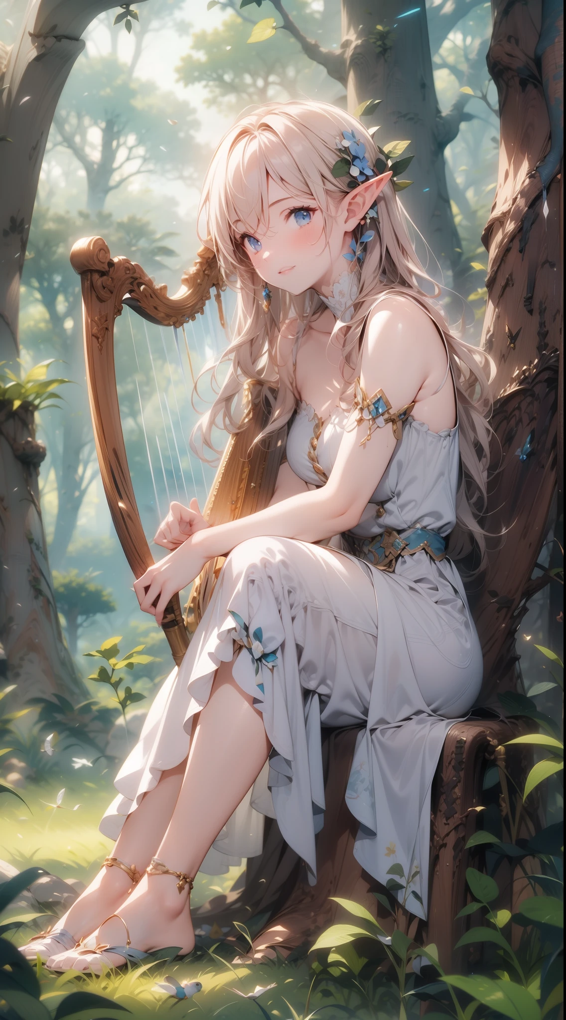 masterpiece, best quality, high quality, detailed, ultra detailed, hyper detailed, insanely detailed, exquisite, beautiful, FHD, Full-HD, 4K, 8K, 16K, highres, absurdres, forest, 1woman, Elf woman playing harp, meditating, intelligent, sitting, long hair, brown hair, silver hair, blue eyes, pale skin, fair skin, in the forest, with a tree, fantasy, beautiful, full body shot, lens flare, dust effect,five fingers