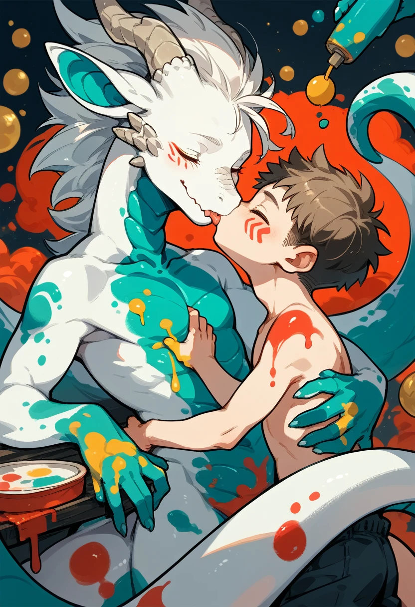 Oriental White Dragon(Species),Shota,emaciated,Kiss,happy,Covered in paint,Slimy,Colored paint,male,male