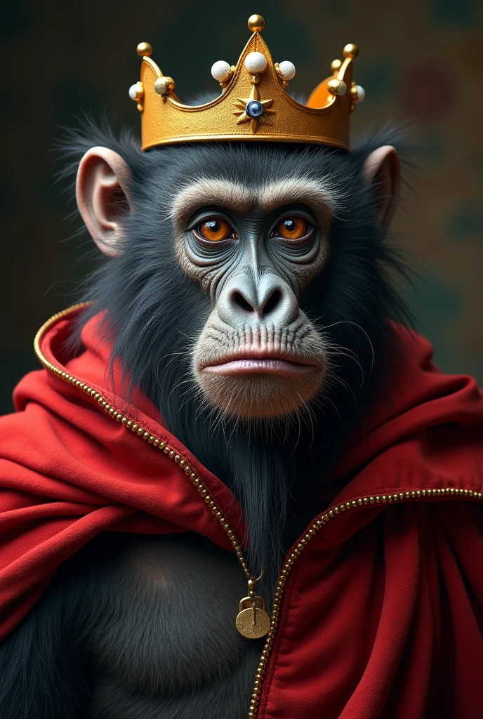 Blue background
ape wearing crown and dark shade with a gold and blue robe