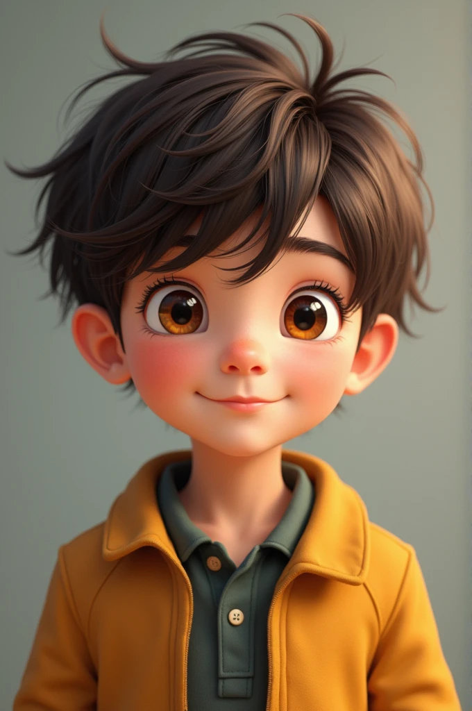a young real boy Malaysia Indonesia . wearing an orange zip-up shirt,black hair mix little detai white hair. Age