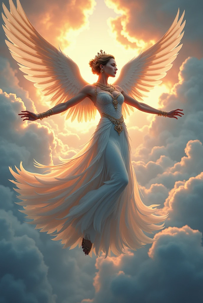Bird Art  bird princess with jewelry dancing flying in the sky