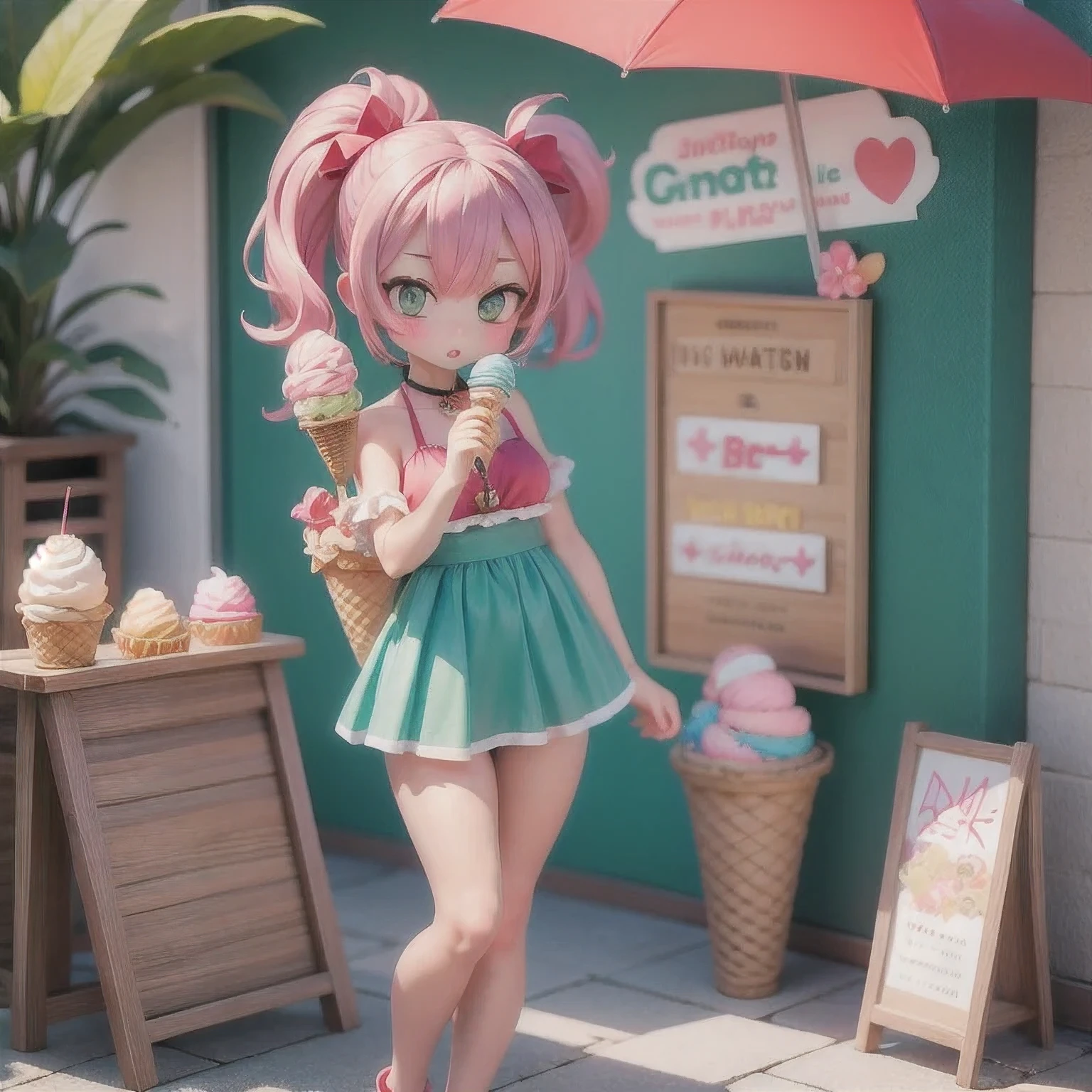 girl in a bikini eating an ice cream cone, eating ice cream, in a bikini, angela white, giorgia meloni, katy perry, in bikini, eating ice - cream, wearing spandex bikini, ice cream on the side, bikini, ice cream, wearing a bikini, candid photo of dirty, shiny plastic bikini, candid shot, cone, 1 girl, solo,in a green dress standing by a wall,portrait of female idol