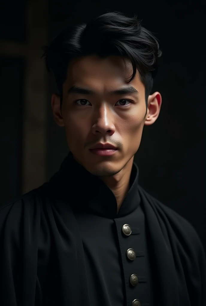 1 man, handsome prince, background is a dark room, wearing a simple black medieval male outfit, detailed facial features, male purple eyes, detailed dark tan skin, short black hair, dramatic lighting, cinematic composition, moody light palette, dark colors, atmospheric haze, square jaw, soft face, strong handsome man, adult man, ultra realistic, profile picture, adult man (best quality, 4K, 8K, high resolution, art: 1.2), ultra detailed (realistic, photorealistic, photorealistic: 1.37)