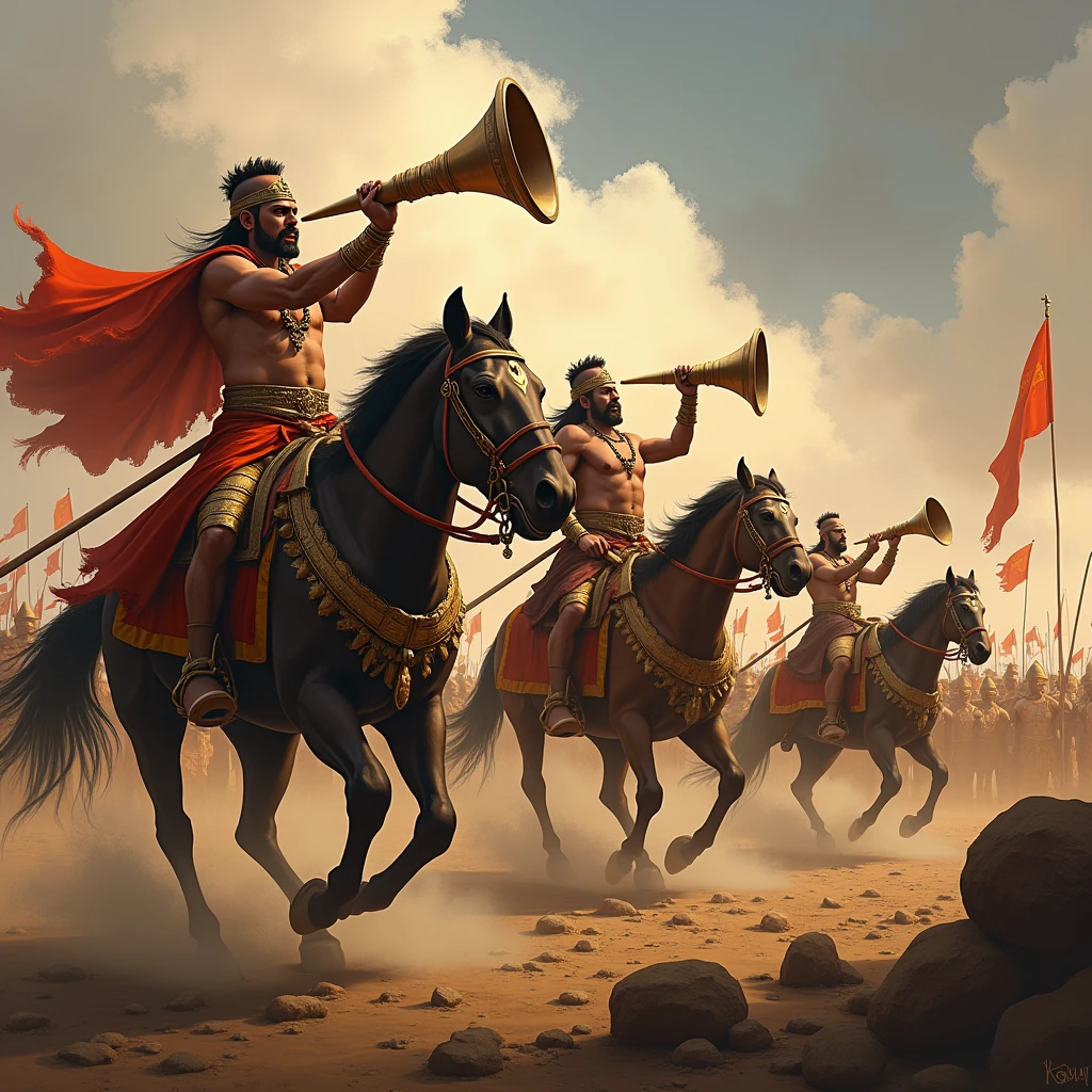 Create a dramatic battlefield scene featuring key warriors from the Pandava side each blowing their conch shells. Show Kasya, depicted as a distinguished and revered figure, blowing his conch with a divine or exalted aura. Next, illustrate Shikhandi, a great warrior with a strong, determined expression, blowing his conch. Include Dhrishtadyumna, Virata, and Satyaki in the scene, each with their own distinct chariots and armor, blowing their conch shells with a sense of readiness and power. The chariots should be richly decorated, and the battlefield should be detailed with other warriors, traditional banners, and ancient weaponry. Capture the grandeur and intensity of this moment as these important figures prepare for the epic battle.