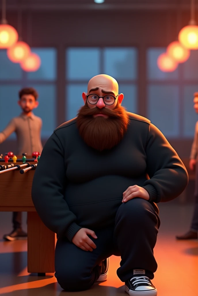 Create a Disney Pixar template image, of a 30 year old adult man crying sadly kneeling in front of a foosball table, with the result of 5x0. This man weighs 100 kilos, wears a black sweatshirt and black pants, black sneakers too. He wears glasses, has a large beard with gaps on the cheeks, and he is bald with the type of baldness Androgenetic Alopecia