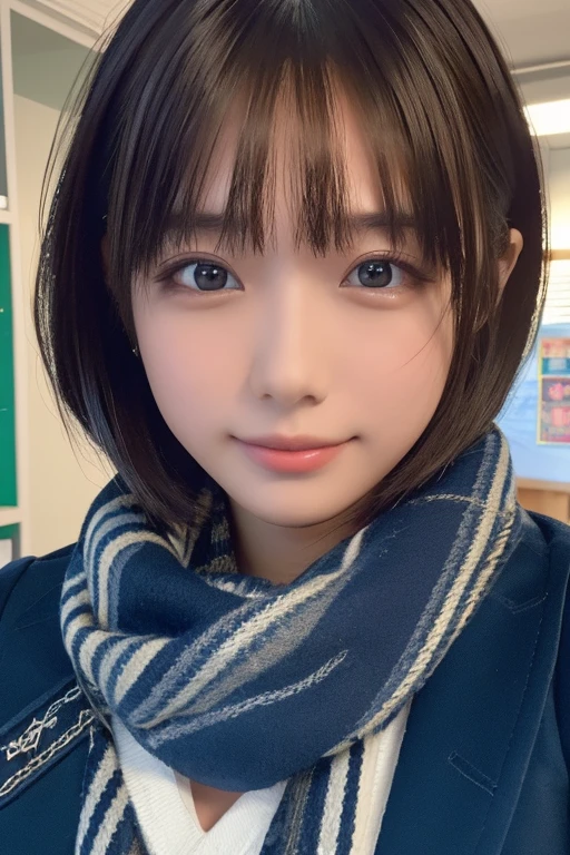 ((masterpiece, Highest quality, High resolution)), 1 Japanese girl, close your eyes、Face to face、Keep your mouth pointed、to kiss、Great face, 15 years old, Glossy lips、short hair, (Beautiful Hair:1.5),Dark blue duffel coat、Thick scarf、片close your eyes、Wink at me、smile、School classroom, Angle from the front, Highly detailed CG composite 8K wallpaper, High resolutionのRAWカラー写真, Professional photography, Light, BackLight, dream-like, impressive, Written boundary depth, (Face close-up:1.5)