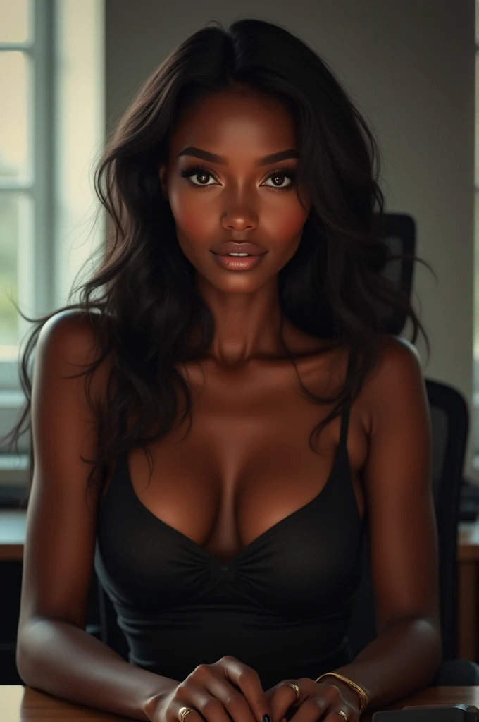 a gorgeous African girl with long dark hair, detailed eyes, nose, and lips, large breasts, wearing  a tank top, sitting in her office, using her computer, hp computer (best quality,4k,8k, highres,masterpiece:1.2),ultra-detailed,(realistic,photorealistic,photo-realistic:1.37),HDR,studio lighting,extremely detailed face and body, portrait,cinematic lighting,dramatic lighting,warm color tones,dramatic colors, Seed 1302641530