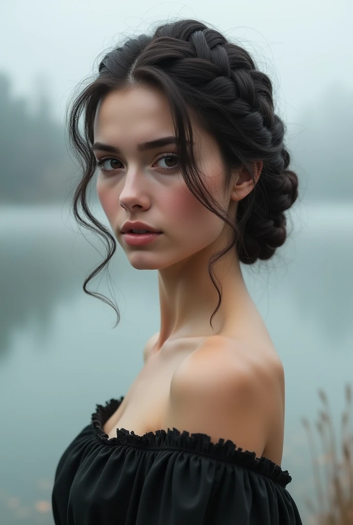generated a 18 years old young white woman with dark brown hair is braided and then wrapped into a bun. This can add texture and detail to a classic bun hairstyle, medium size chest, Picture a serene lakeside scene with mist rising over the water a sexy fuck girl South Indian girl